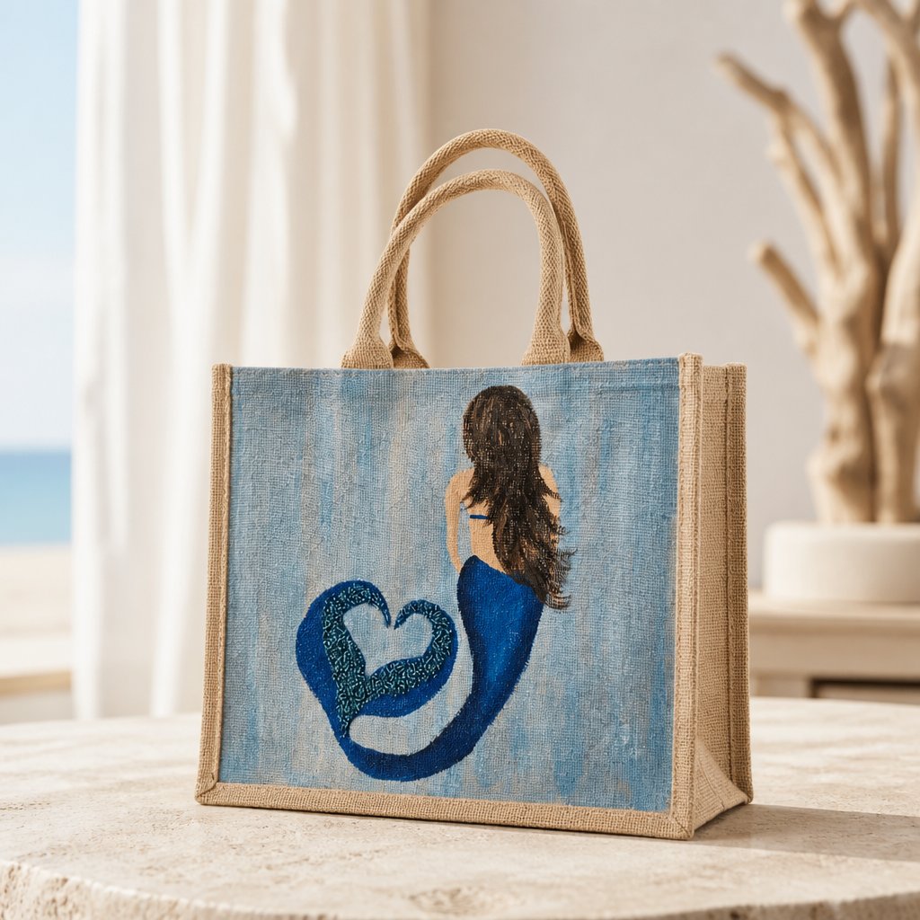 Collage of 8 hand painted beach design totes, mermaid, beach van, sea turtle, octopus, fish, seahorse, woman in floppy beach hat, girlfriends having fun at beach