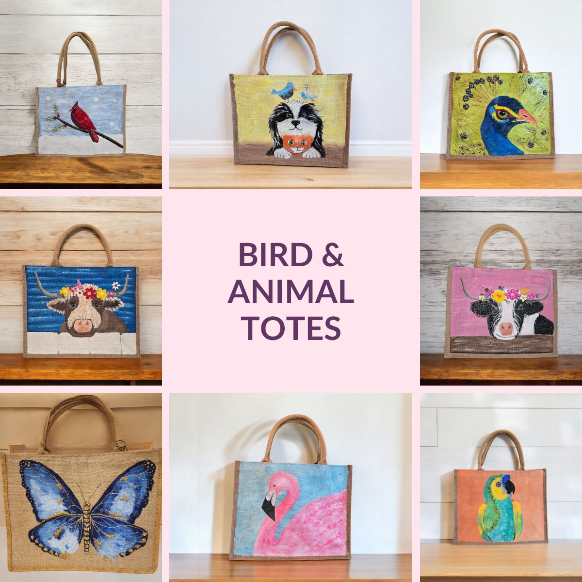 Collection image of a hand-painted tote bag with animal or bird design, from Dana's Uncommon Glass