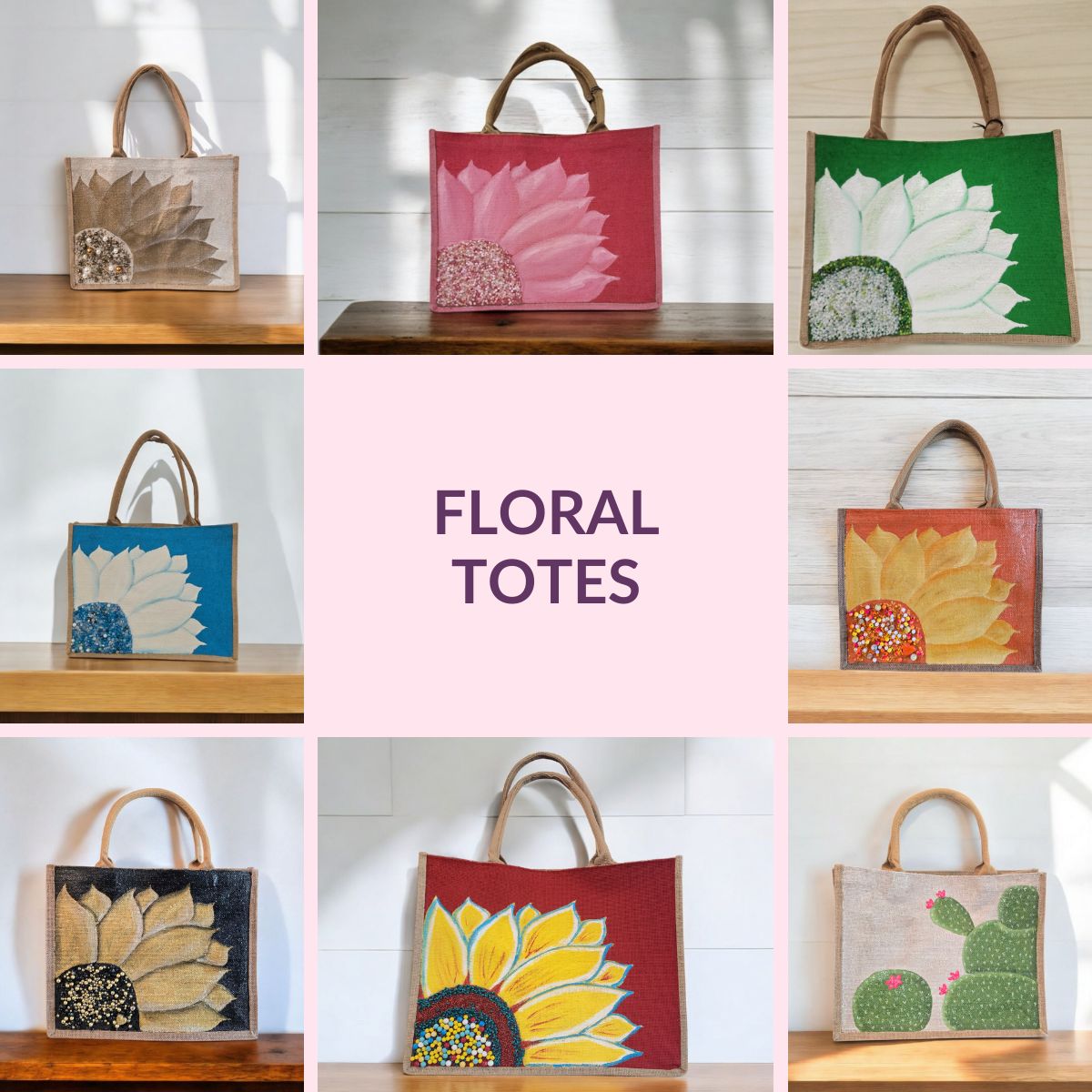 Collection image of a hand-painted tote bag with floral design, from Dana's Uncommon Glass