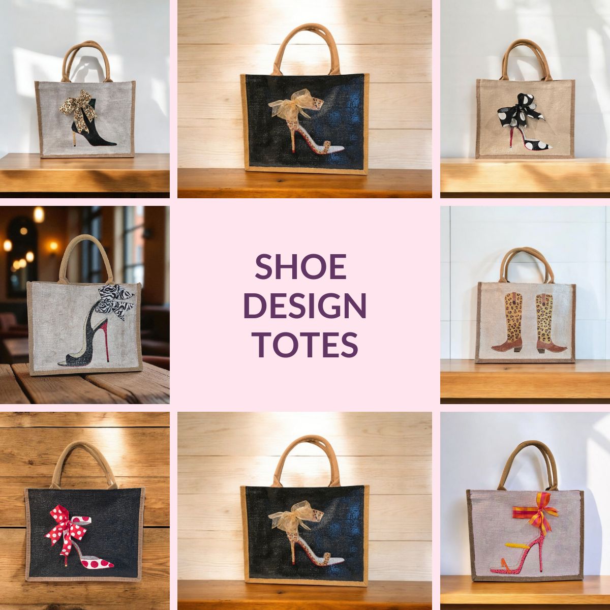 Collection image of a hand-painted tote bag with shoe design, from Dana's Uncommon Glass