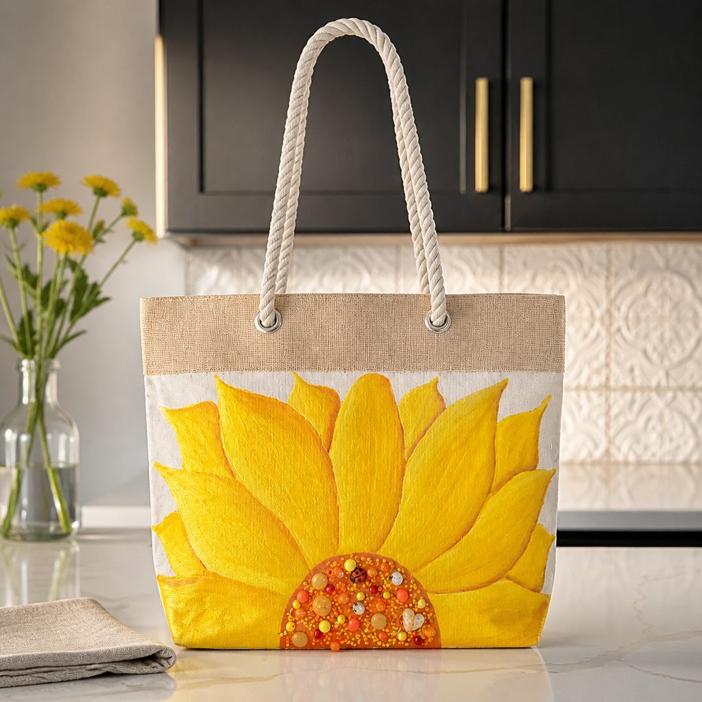 Four hand-painted rope handle tote bags with red, blue, purple, and pink sunflower designs displayed on a beach with palm trees and ocean backdrop.
