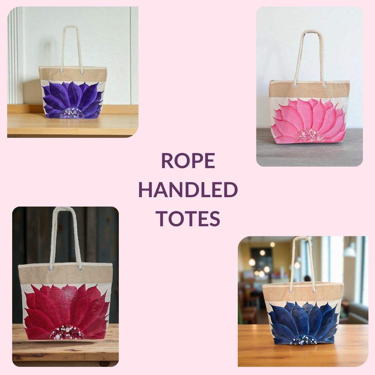 Four hand-painted rope handle tote bags with red, blue, purple, and pink sunflower designs displayed on a beach with palm trees and ocean backdrop.