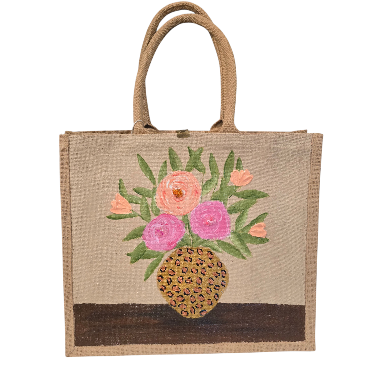 Hand-painted jute tote bag featuring pink and peach flowers arranged in a leopard print vase on a natural canvas background