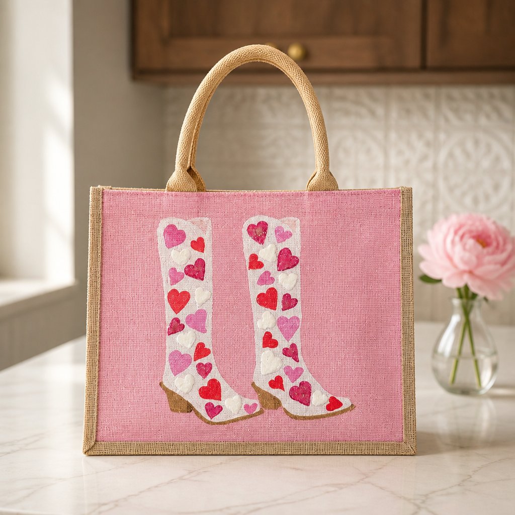 Hand-painted pink jute tote bag featuring white cowboy boots decorated with red, pink, and white heart designs. Romantic western-inspired tote bag with a soft pink background, structured handles, and Valentine-inspired wearable art details.