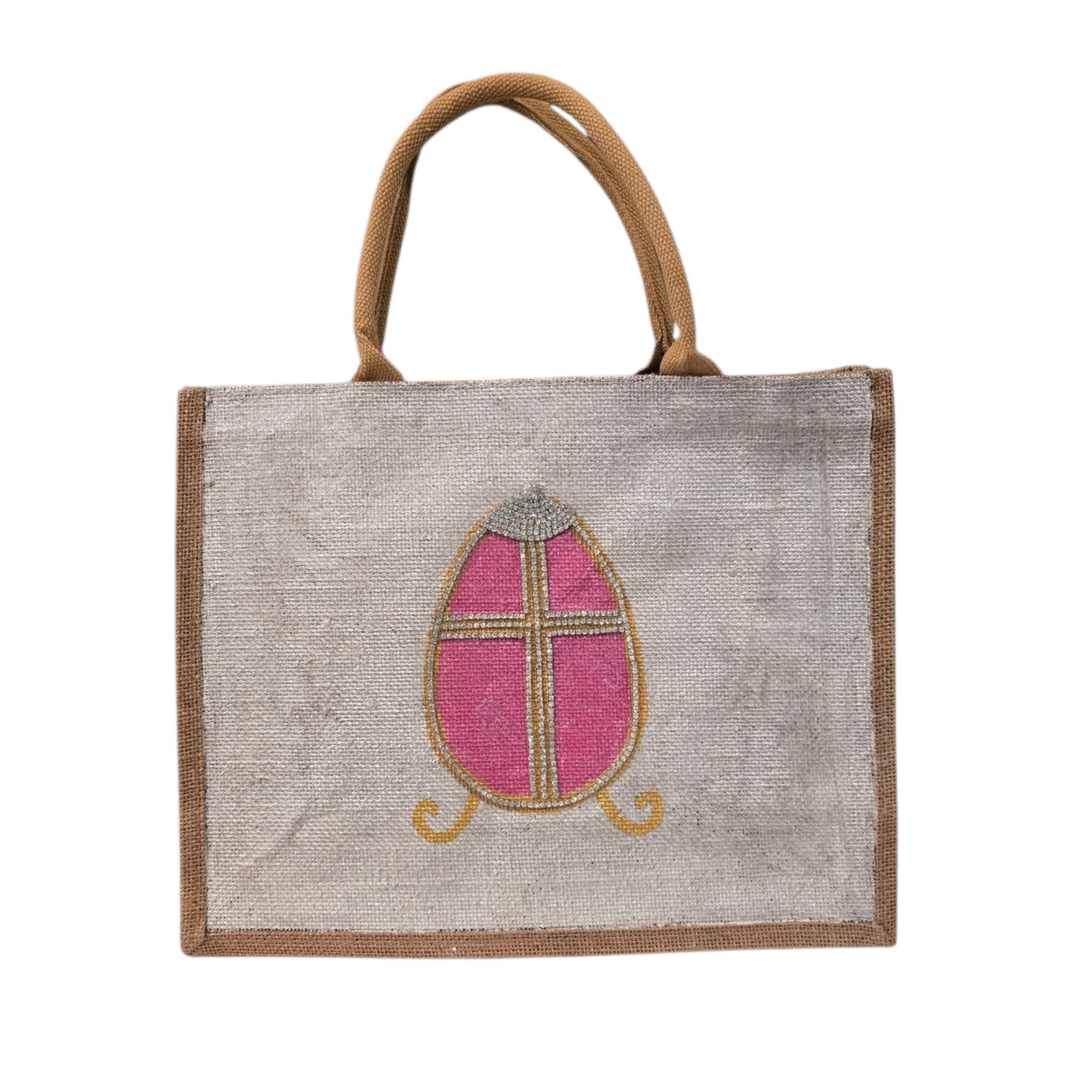 Easter-Tote, Pink-Rhinestone-Egg-Hand-Painted-Canvas-Bag, Artistic-Design