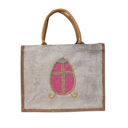 pink rhinestone egg tote bag, hand painted easter tote, beaded pink egg tote, off white tote bag