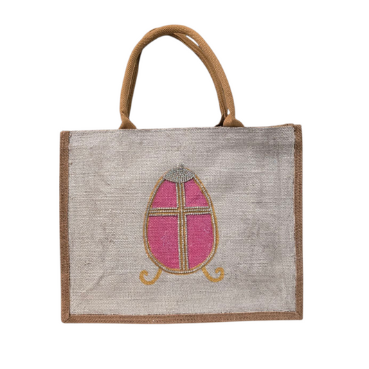 Easter-Tote, Pink-Rhinestone-Egg-Hand-Painted-Canvas-Bag, Artistic-Design