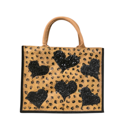 black hearts tote bag, leopard print tote bag, animal print tote bag, beaded hearts jute bag, eco-friendly tote