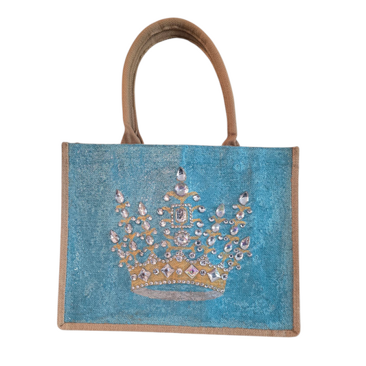 gold crown tote bag, metallic turquoise tote bag, queen tote bag, princess tote bag, beaded crown jute bag, eco-friendly tote