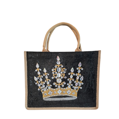 Black jute tote bag with hand-painted gold crown and sparkling beaded accents.