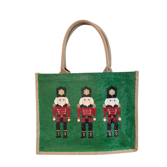 Festive-Hand-Painted-Tote, Nutcrackers-on-Green-Design, Unique-Artistic-Design