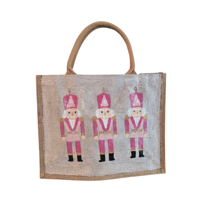 pink nutcracker tote bag, hand painted Christmas tote, beaded holiday tote, off white jute Christmas market bag