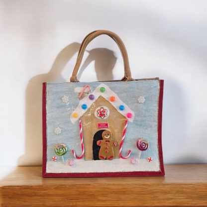 gingerbread house tote bag, hand painted Christmas tote, beaded holiday tote, blue jute Christmas market bag