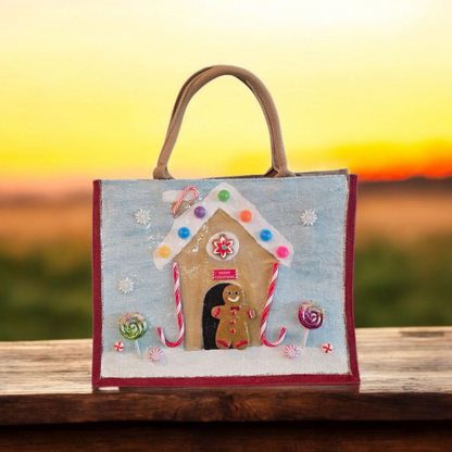 gingerbread house tote bag, hand painted Christmas tote, beaded holiday tote, blue jute Christmas market bag