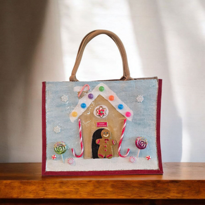gingerbread house tote bag, hand painted Christmas tote, beaded holiday tote, blue jute Christmas market bag