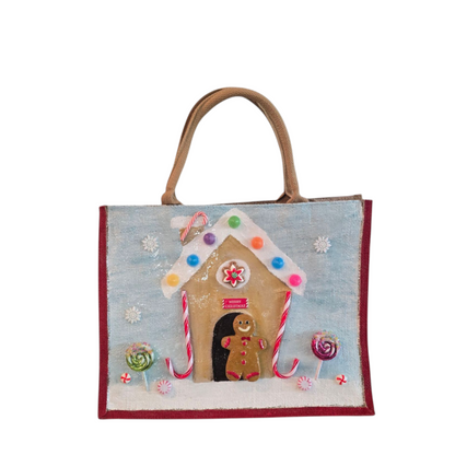 gingerbread house tote bag, hand painted Christmas tote, beaded holiday tote, blue jute Christmas market bag