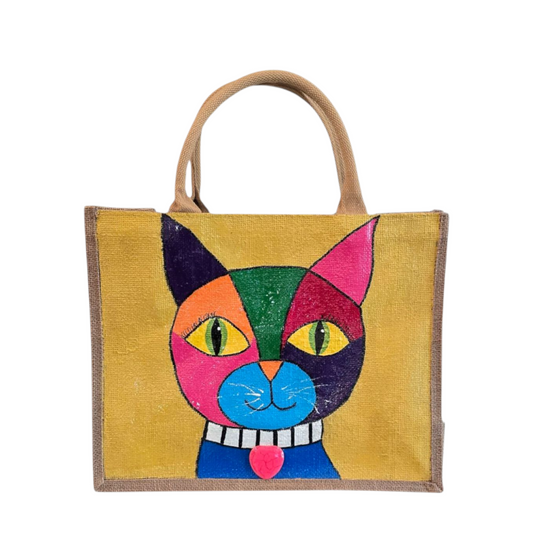 Abstract-Cat-Tote-Bag, Hand-Painted-with-Bright-Beads-and-Charm, Unique-Artistic-Design