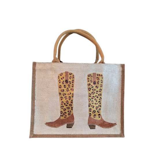 Hand-Painted-Tote-Bag, Leopard-Print-Cowboy-Boots, Unique-Artistic-Design