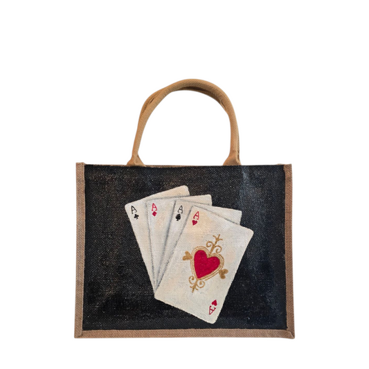 Four-Aces-Tote-Bag, Hand-Painted-Playing-Cards-with-Beads, Unique-Artistic-Design