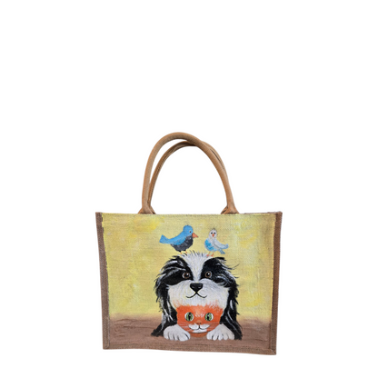 best buds tote bag, yellow tote bag, hand painted beaded animal jute bag, eco-friendly animal tote, friends animal tote