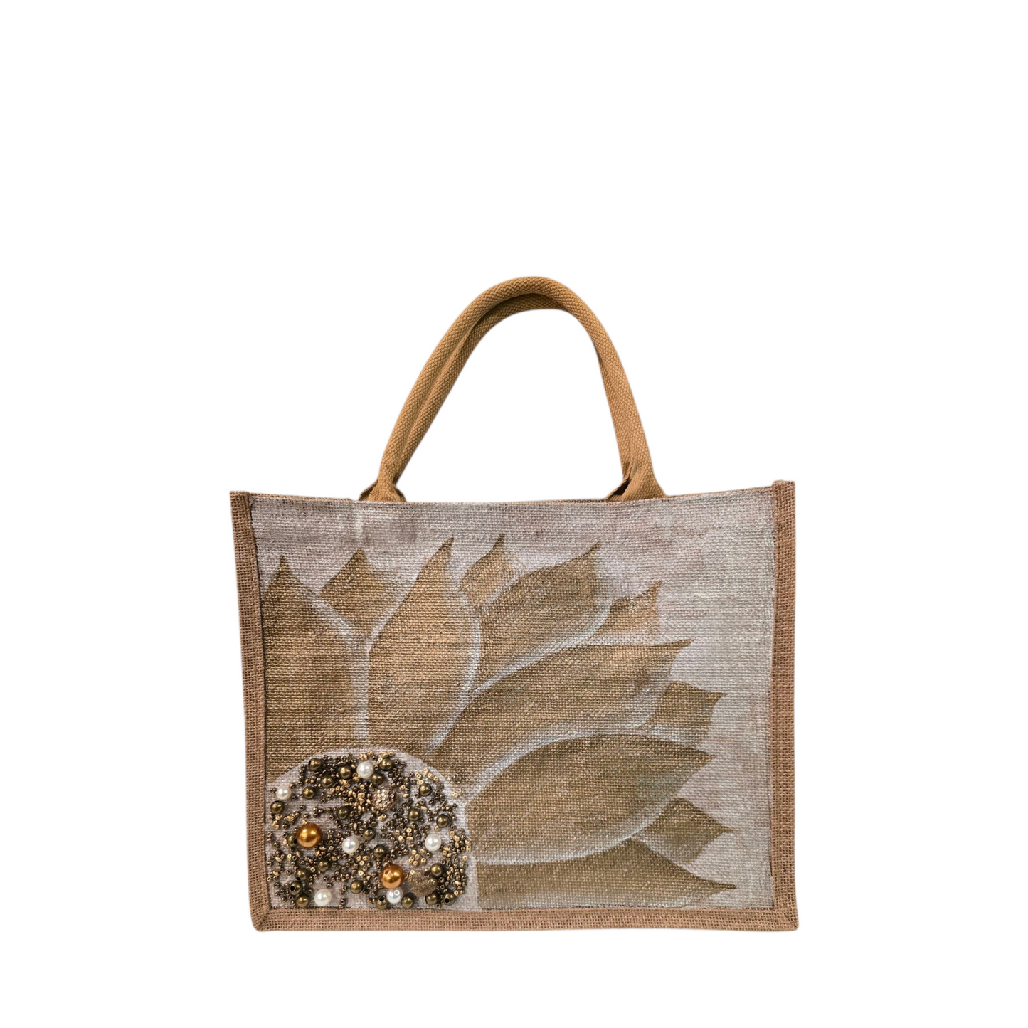 Bronze-Sunflower-Tote-Bag, Hand-Painted-with-Beads-and-Charms, Artistic-Design