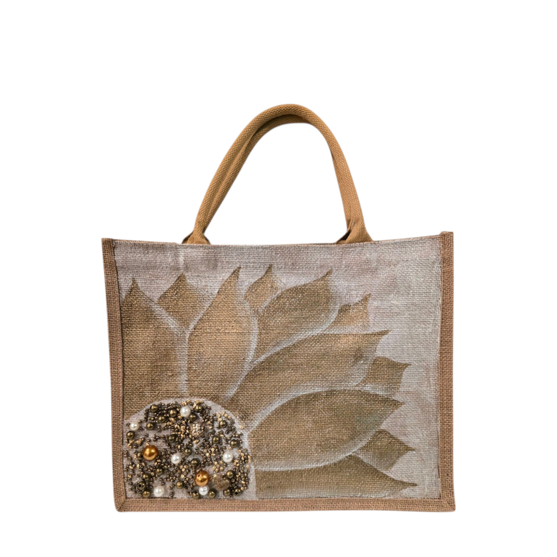 Bronze-Sunflower-Tote-Bag, Hand-Painted-with-Beads-and-Charms, Artistic-Design