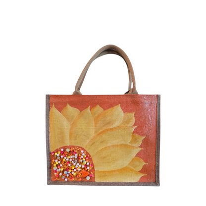orange sunflower tote bag, floral jute tote, eco-friendly sunflower market bag, hand painted tote bag
