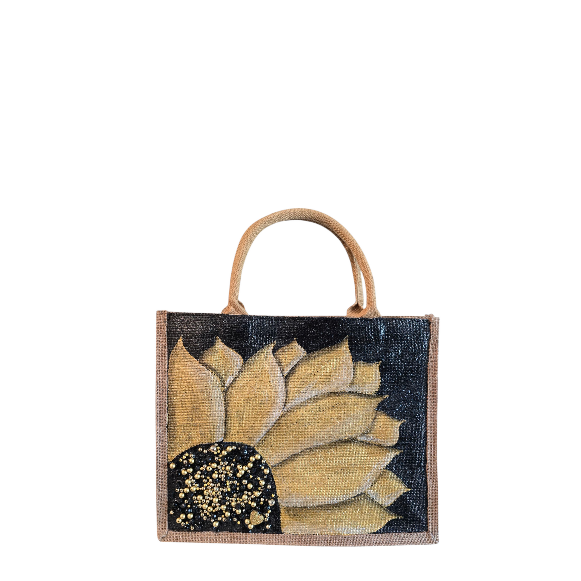 Black-and-Gold-Sunflower-Tote, Hand-Painted-with-Beads-and-Charm, Artistic-Design