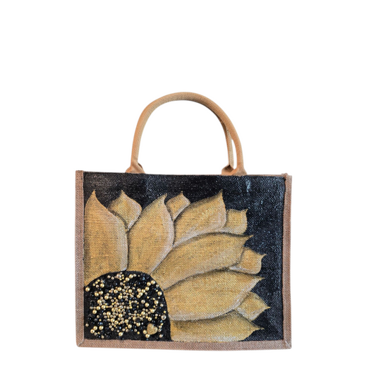 Black-and-Gold-Sunflower-Tote, Hand-Painted-with-Beads-and-Charm, Artistic-Design