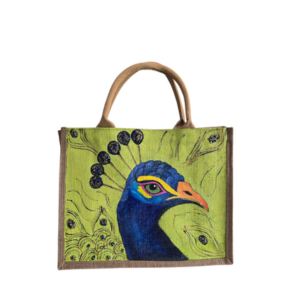 peacock tote bag, green tote bag, hand painted beaded peacock jute bag, eco-friendly bird tote, peacock feather tote 