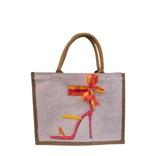 Hand-Painted-Tote-Bag, Multi-Color-High-Heel-Sandals, Unique-Artistic-Design