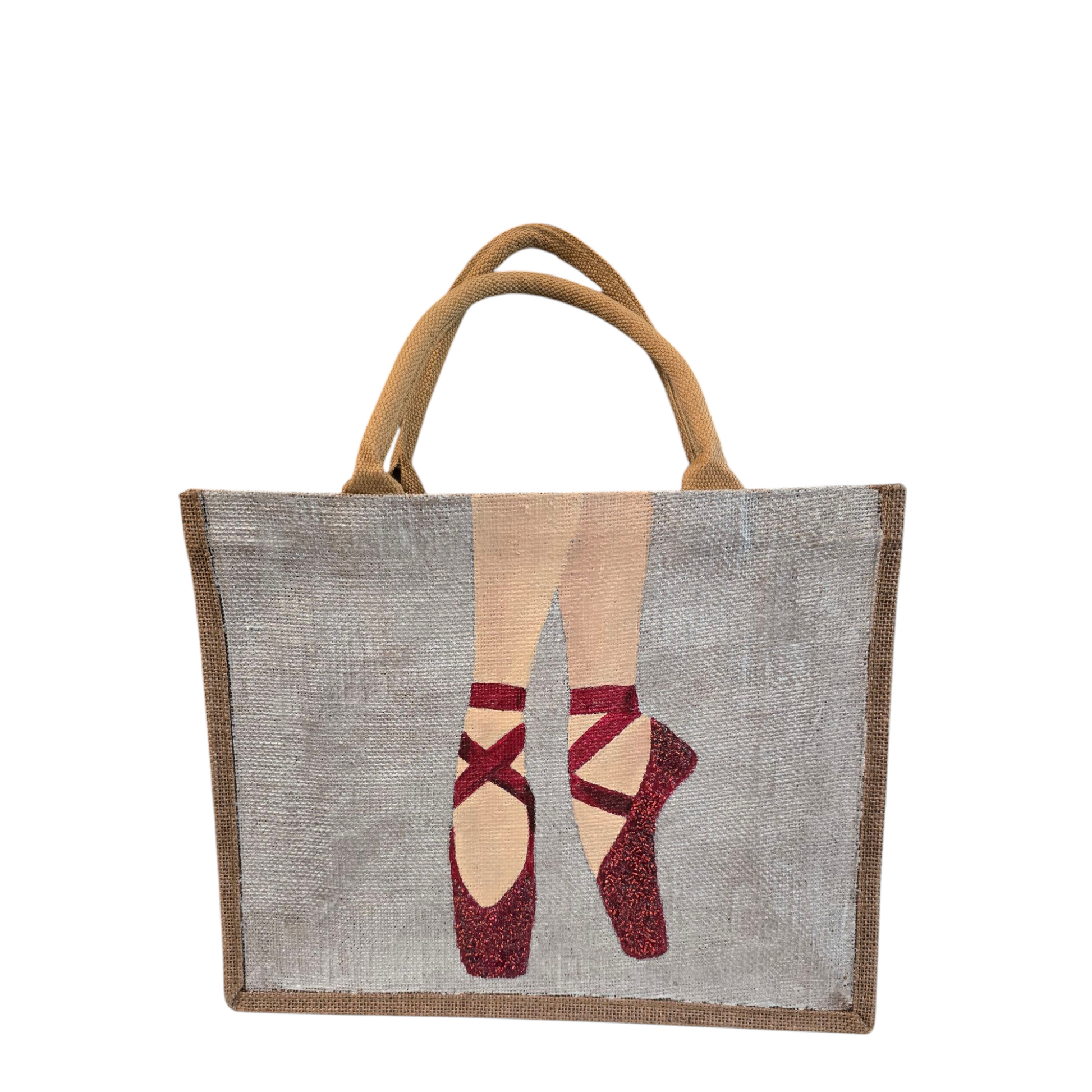 Hand-Painted-Tote-Bag, Red-Ballet-Slippers, Unique-Artistic-Design