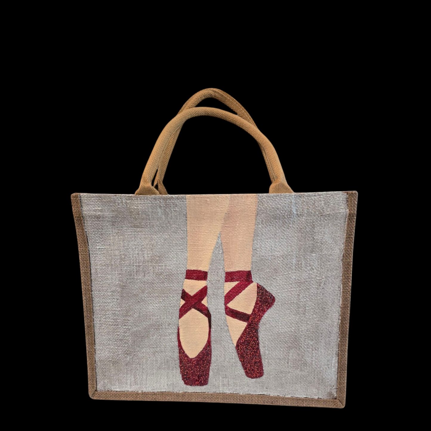 Hand-Painted-Tote-Bag, Red-Ballet-Slippers, Unique-Artistic-Design