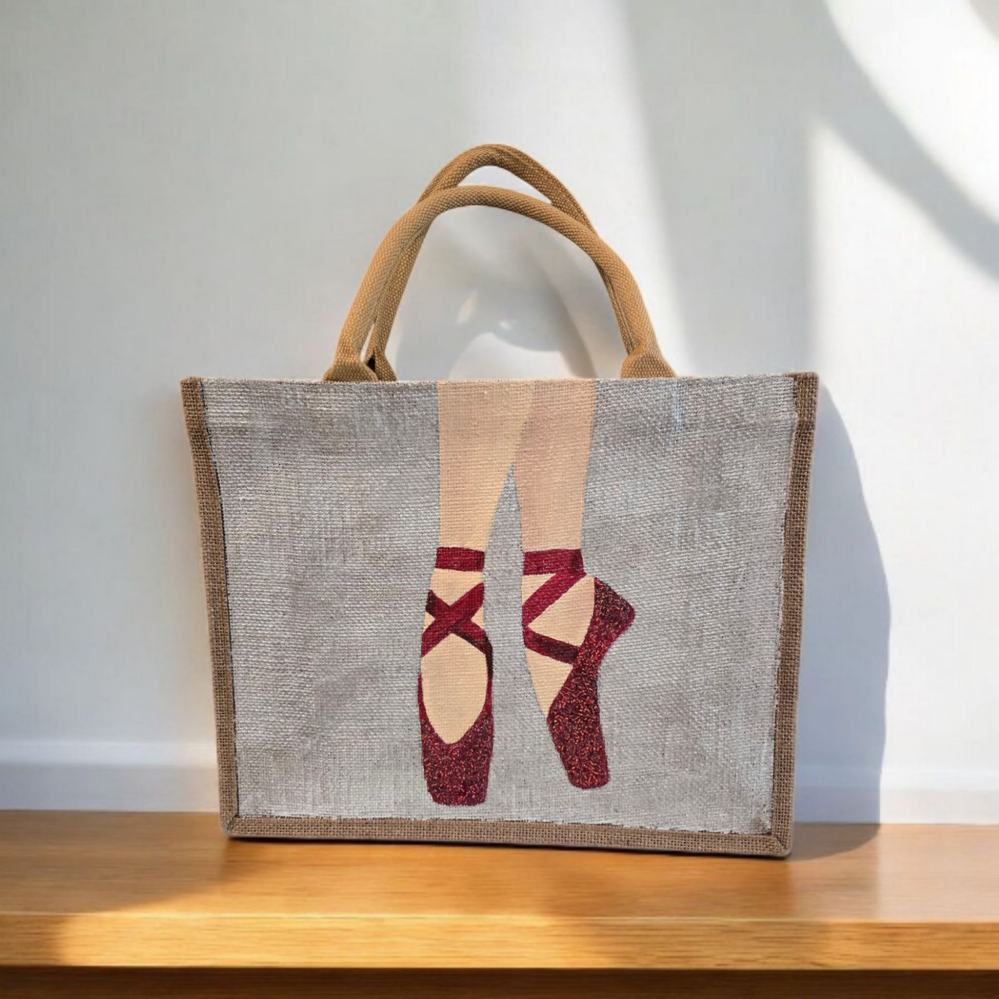 Hand-Painted-Tote-Bag, Red-Ballet-Slippers, Unique-Artistic-Design