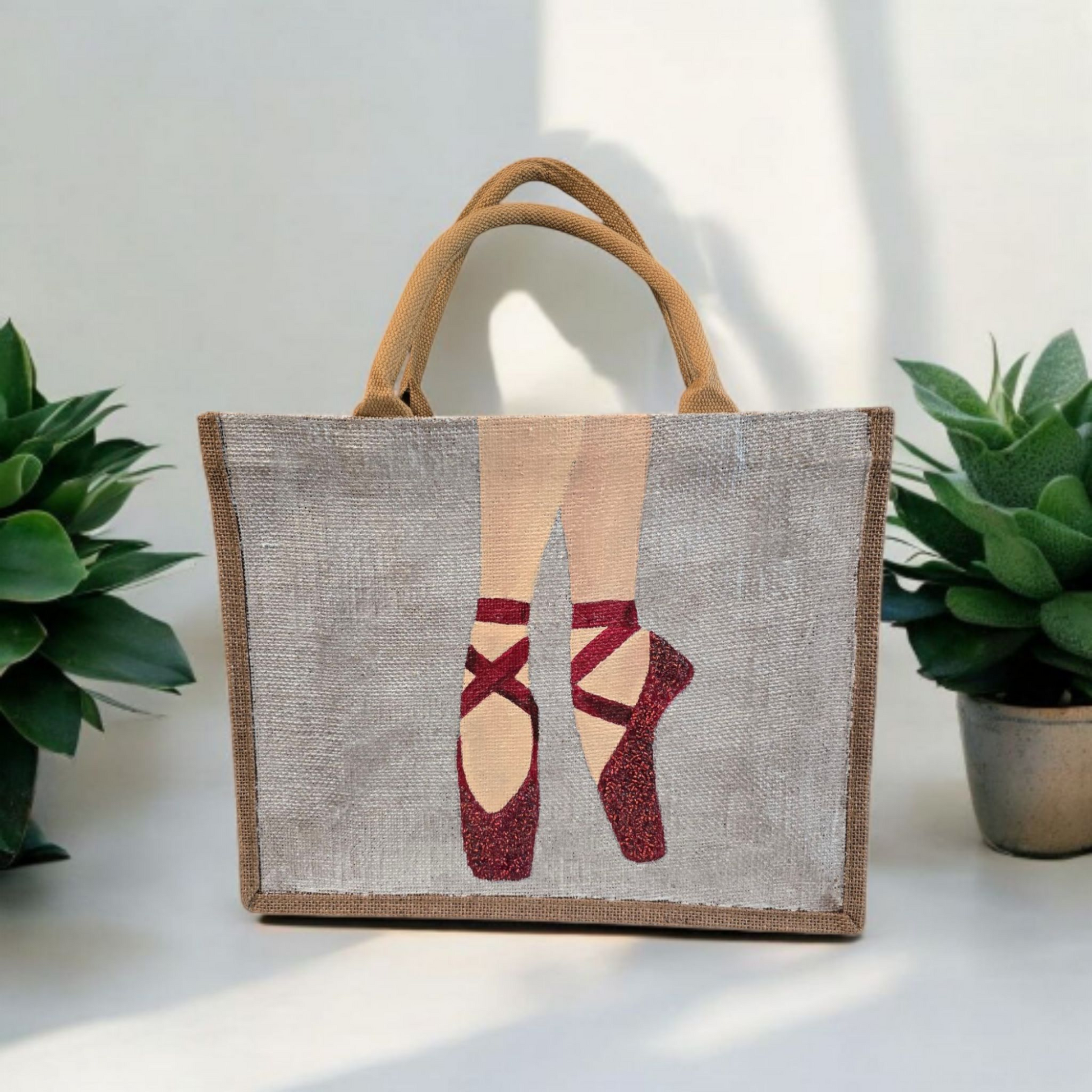 Hand-Painted-Tote-Bag, Red-Ballet-Slippers, Unique-Artistic-Design