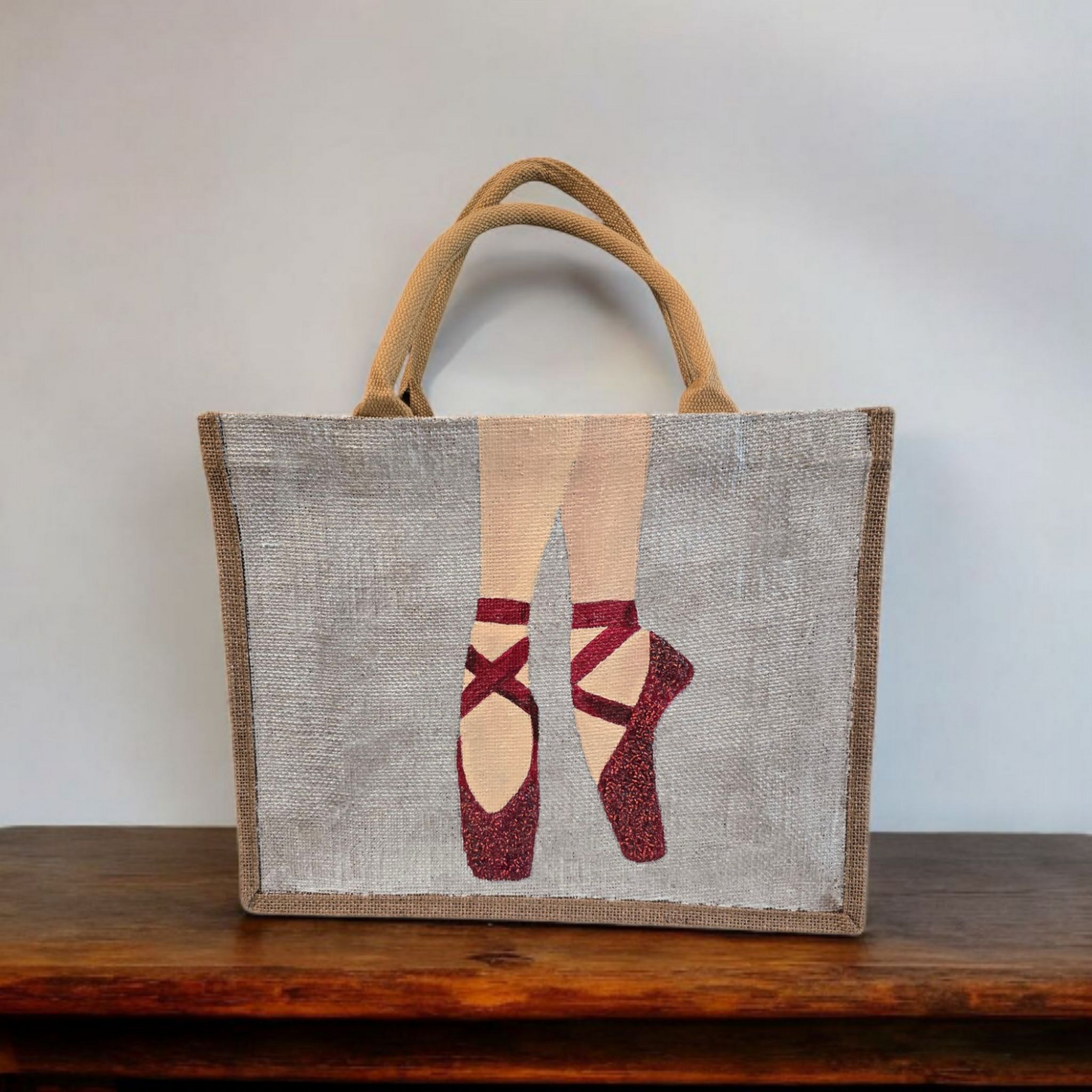 Hand-Painted-Tote-Bag, Red-Ballet-Slippers, Unique-Artistic-Design