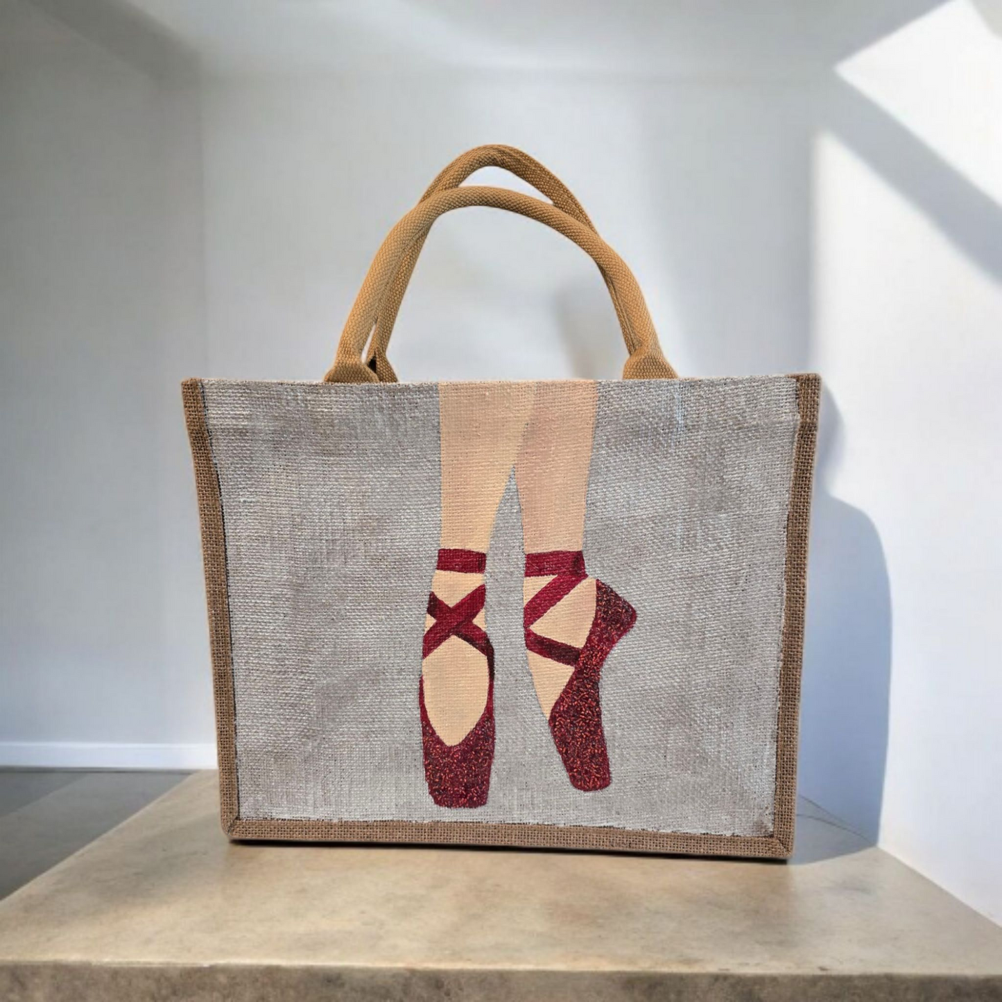 Hand-Painted-Tote-Bag, Red-Ballet-Slippers, Unique-Artistic-Design