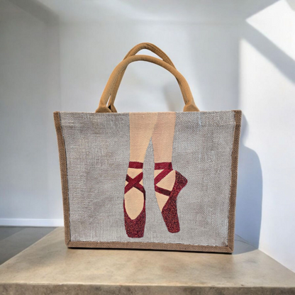 Off white jute tote bag with hand-painted red ballet slippers, embellished with beads.