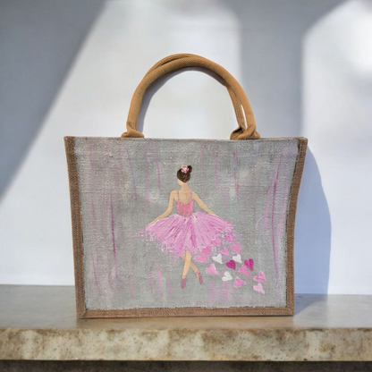 heart of a dancer tote bag, dancer tote bag, hearts tote bag, beaded dancer jute bag, eco-friendly tote bag, off white tote bag
