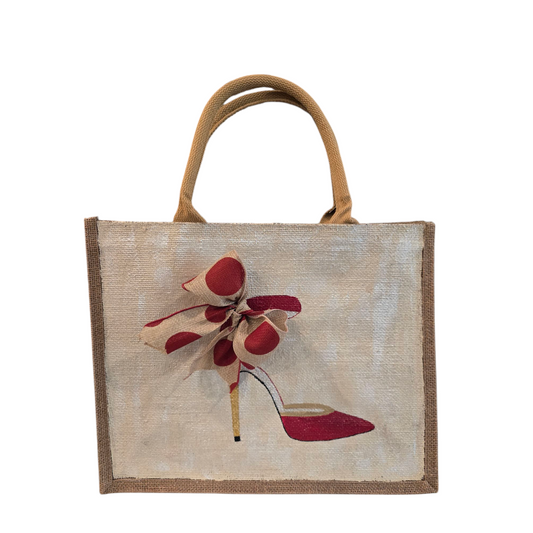 Hand-Painted-Tote-Bag, Red-and-Tan-Polka-Dot-Stilettos, Unique-Artistic-Design