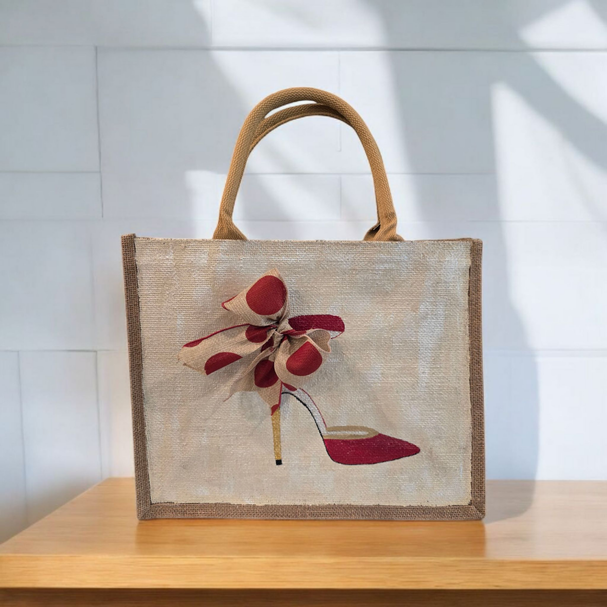 Hand-Painted-Tote-Bag, Red-and-Tan-Polka-Dot-Stilettos, Unique-Artistic-Design