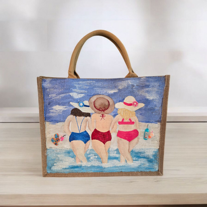 girlfriends beach tote bag, blue tote bag, hand painted beaded beach jute bag, eco-friendly beach tote, friends at the beach tote