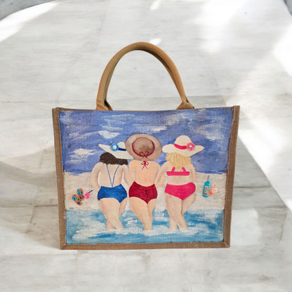 girlfriends beach tote bag, blue tote bag, hand painted beaded beach jute bag, eco-friendly beach tote, friends at the beach tote