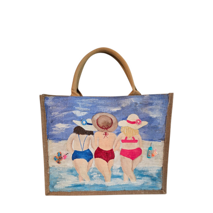 girlfriends beach tote bag, blue tote bag, hand painted beaded beach jute bag, eco-friendly beach tote, friends at the beach tote