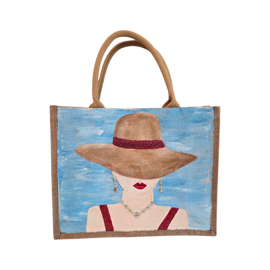 Beach-Lady-Tote-Bag, Hand-Painted-with-Beads-and-Jeweled-Hat, Unique--Artistic-Design