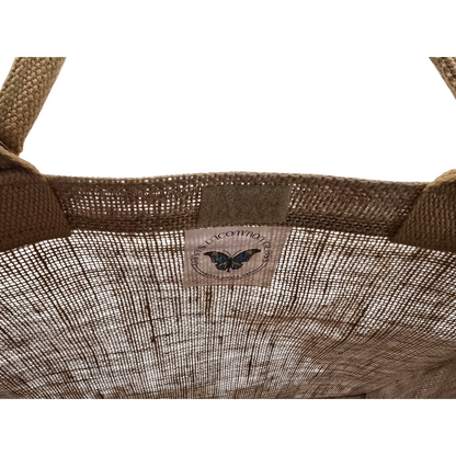 Off white jute tote bag with hand-painted leopard print cowboy boots, detailed with bead accents.
