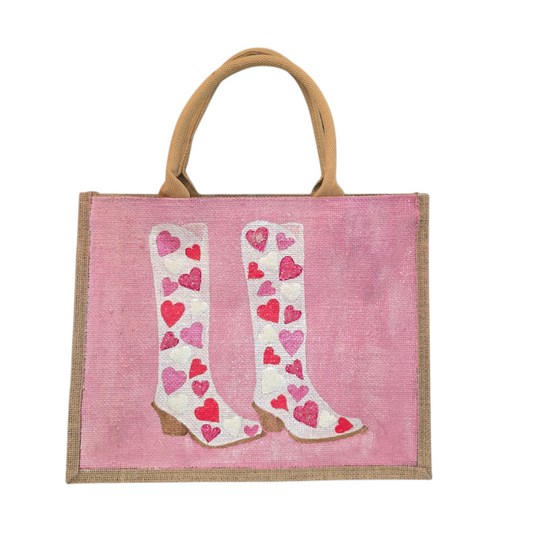 Hand-Painted-Tote-Bag, Pink-and-White-Hearts-Cowboy-Boots, Unique-Artistic-Design