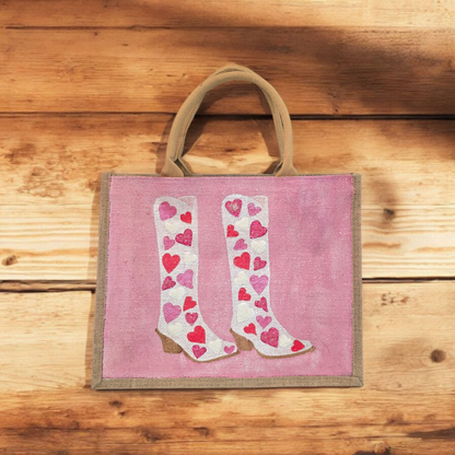 Pink jute tote bag with hand-painted cowboy boots decorated in pink and white hearts, detailed with bead accents.