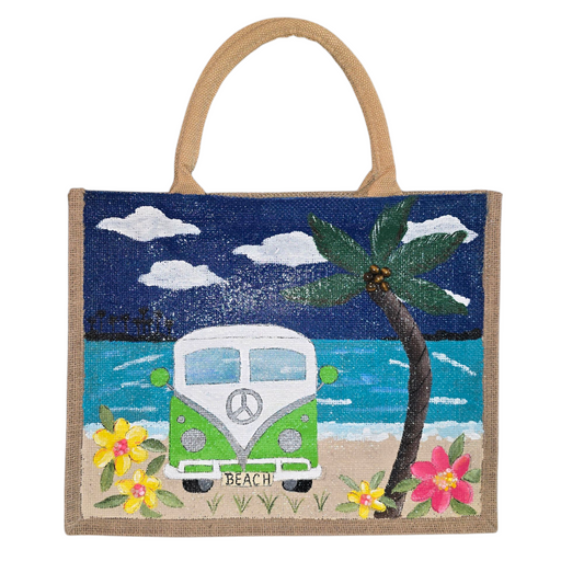 Vintage-Beach-Van-Tote-Bag, Hand-Painted-with-Wood-Beads-and-Charms, Artistic-Design