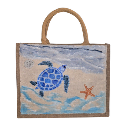 sea turtle tote bag, beach turtle tote, hand painted beaded turtle jute bag, eco-friendly turtle market bag